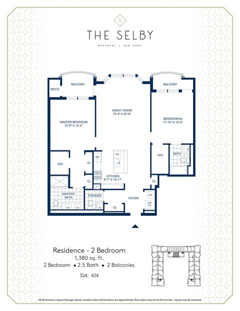 Floor plan for 2 beds, 2.5 baths, 1380 sqft